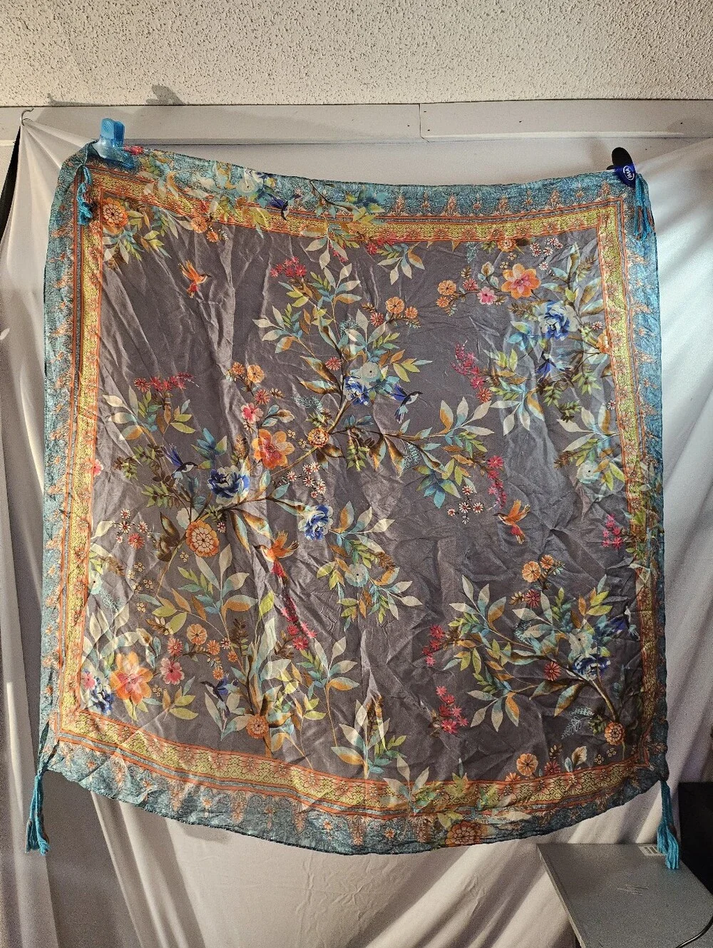 *Johnny Was Silk Square Scarf Floral Botanical Bird Print with Corner Tassels